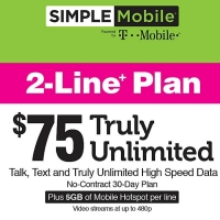 2 Line Simple Mobile $75 Unlimited Talk, Text & Data (30 days)